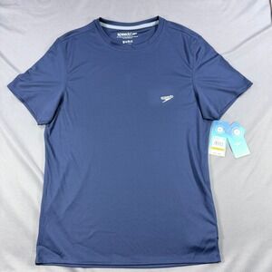 Speedo Mens S Navy Blue Polyester Short Sleeve Swim Shirt Rash Guard Sun Protect